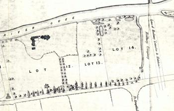 Cauldwell Priory in 1857 - note the Bedford to Bletchley Railway line, Britannia Road and Kempston Road